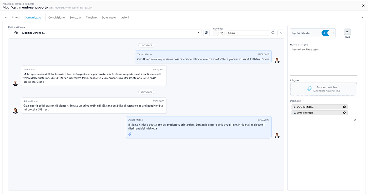 An element's chat in Clomsy: messages, attachments and recipients