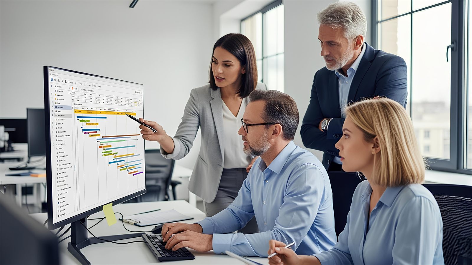 Project progress meeting in front of a work plan